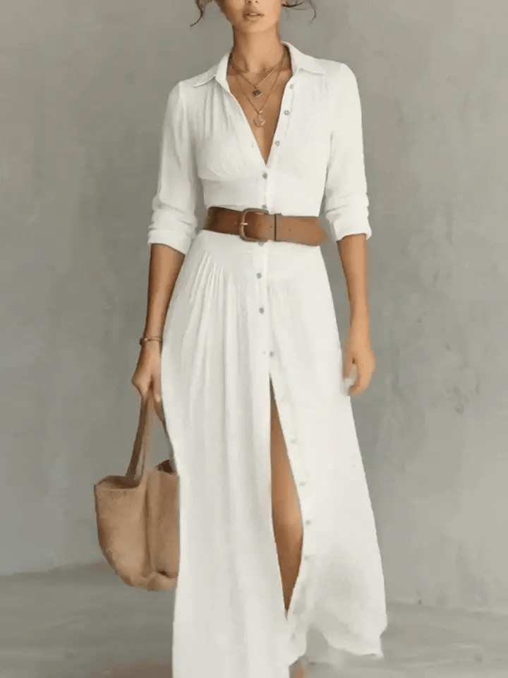 Vestido maxi largo de lino para mujer con cuello tipo solapa y mangas largas