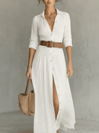 Vestido maxi largo de lino para mujer con cuello tipo solapa y mangas largas