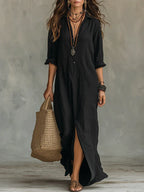 Selena™ | Vestido largo holgado con escote en V y botones