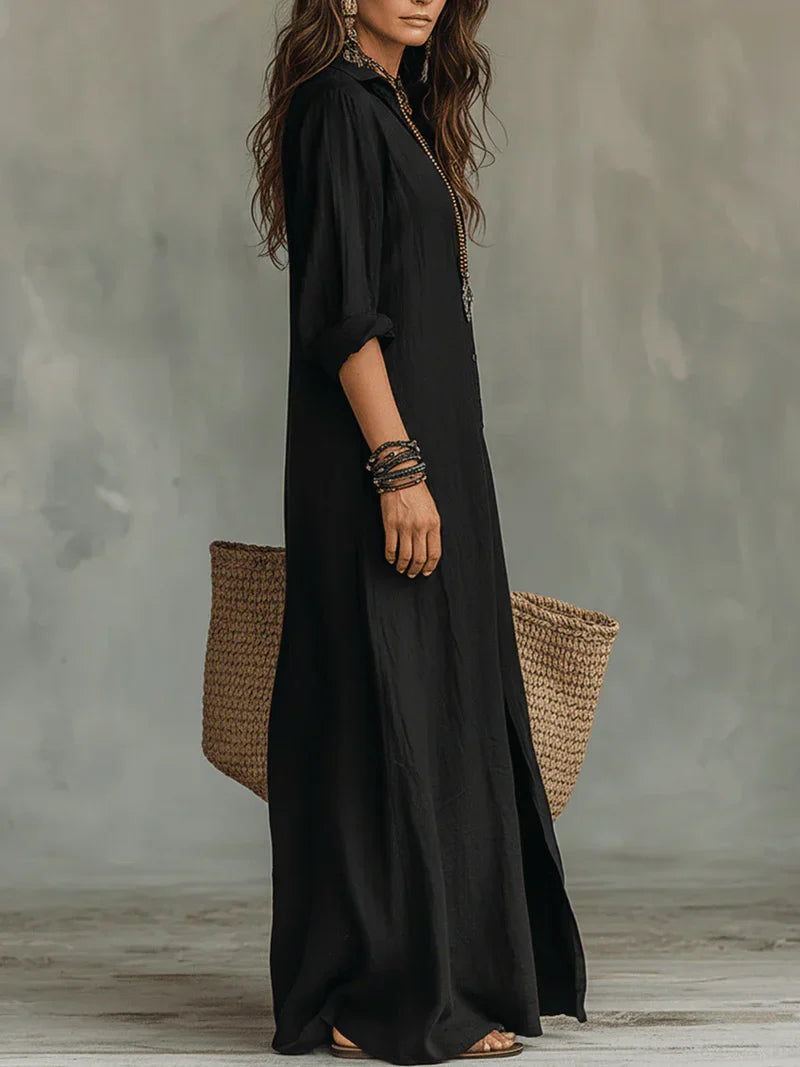 Selena™ | Vestido largo holgado con escote en V y botones