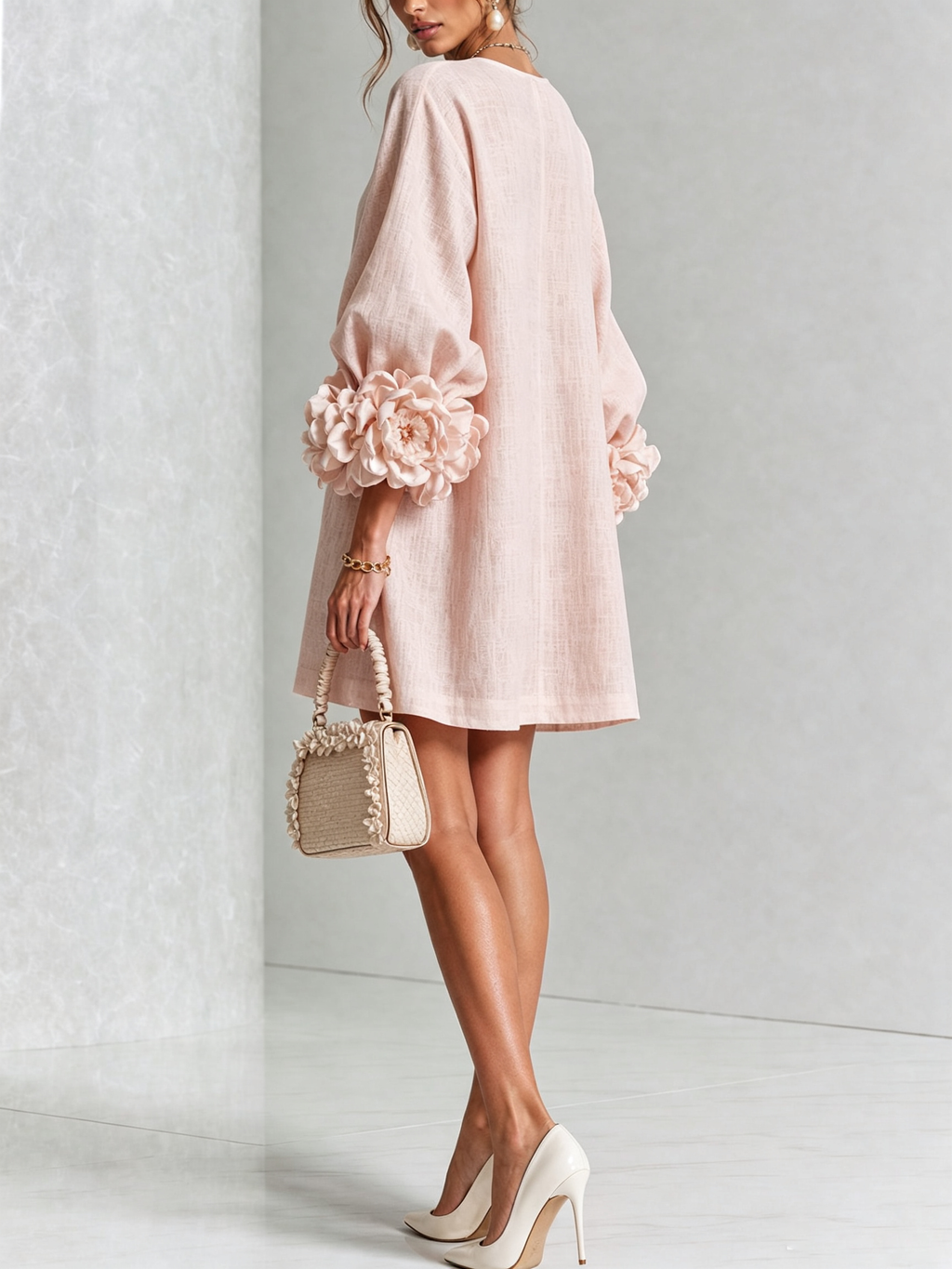 Minivestido blanco con estampado floral y botones, con llamativos puños florales.