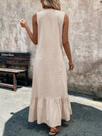 IRIS | Vestido largo de corte A, con pliegues y escote en V.
