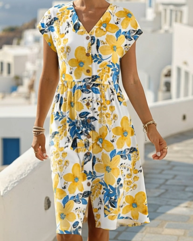 Vestido de estampado floral con escote en V y manga corta