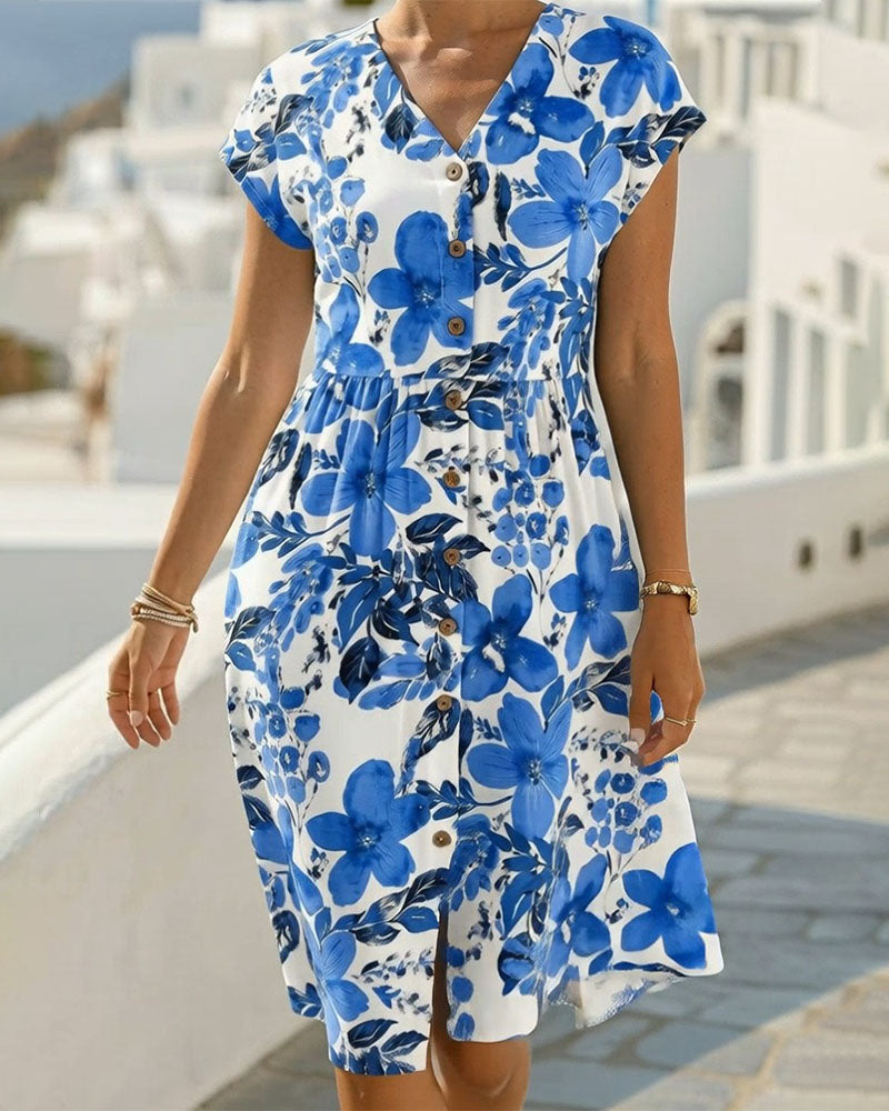 Vestido de estampado floral con escote en V y manga corta