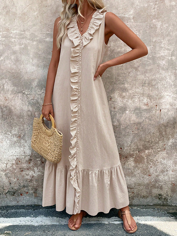 IRIS | Vestido largo de corte A, con pliegues y escote en V.