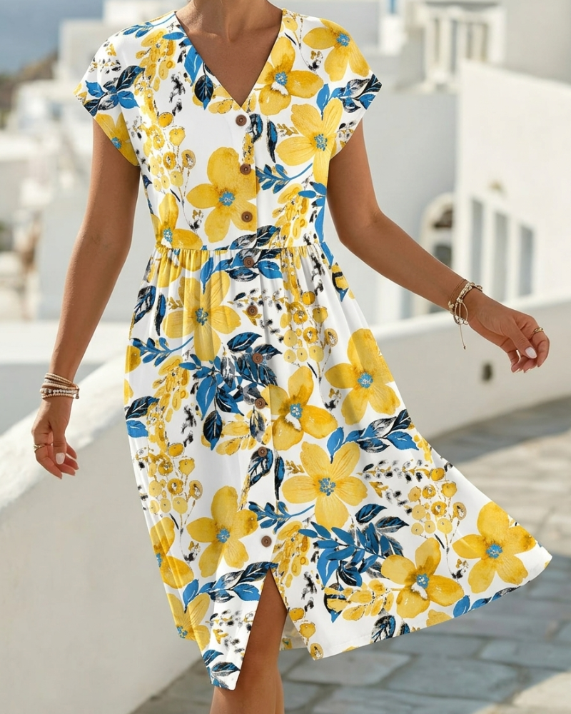 Vestido de estampado floral con escote en V y manga corta