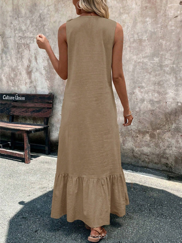 IRIS | Vestido largo de corte A, con pliegues y escote en V.
