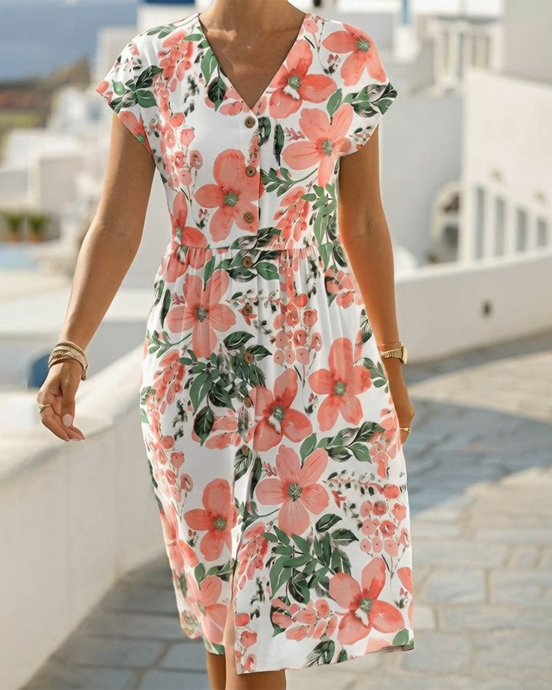 Vestido de estampado floral con escote en V y manga corta