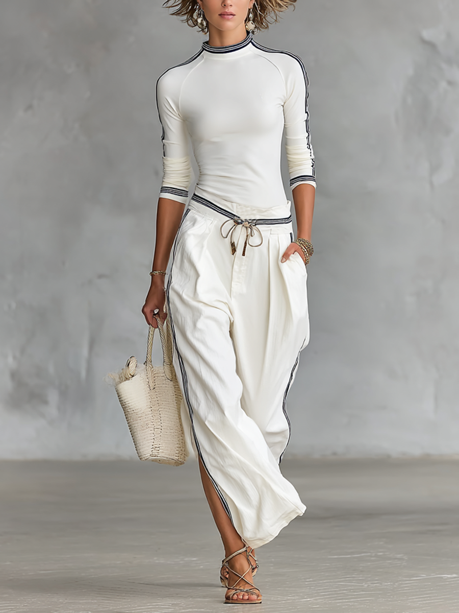 HALO | Conjunto de top de cuello alto con ribete a rayas y pantalón ancho con cordón ajustable