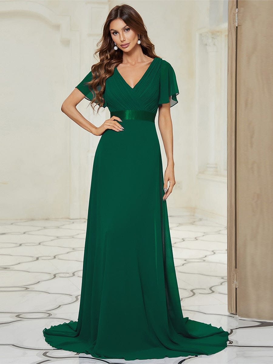 MONICA|Vestido largo de dama de honor con cintura imperial y mangas cortas con vuelo