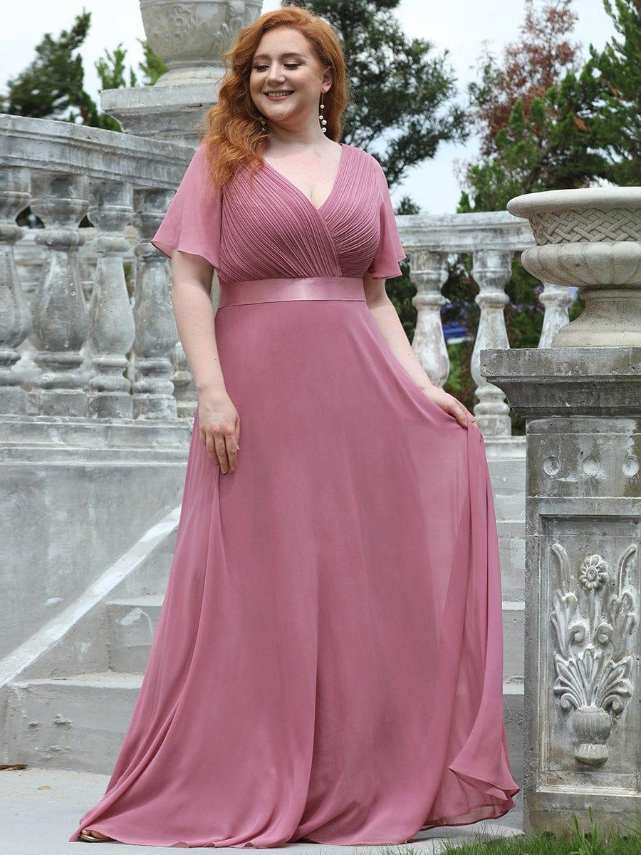 MONICA|Vestido largo de dama de honor con cintura imperial y mangas cortas con vuelo