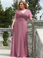 MONICA|Vestido largo de dama de honor con cintura imperial y mangas cortas con vuelo