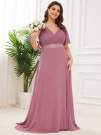 MONICA|Vestido largo de dama de honor con cintura imperial y mangas cortas con vuelo
