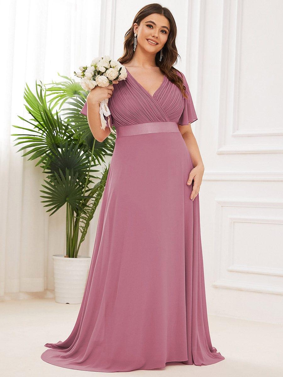 MONICA|Vestido largo de dama de honor con cintura imperial y mangas cortas con vuelo