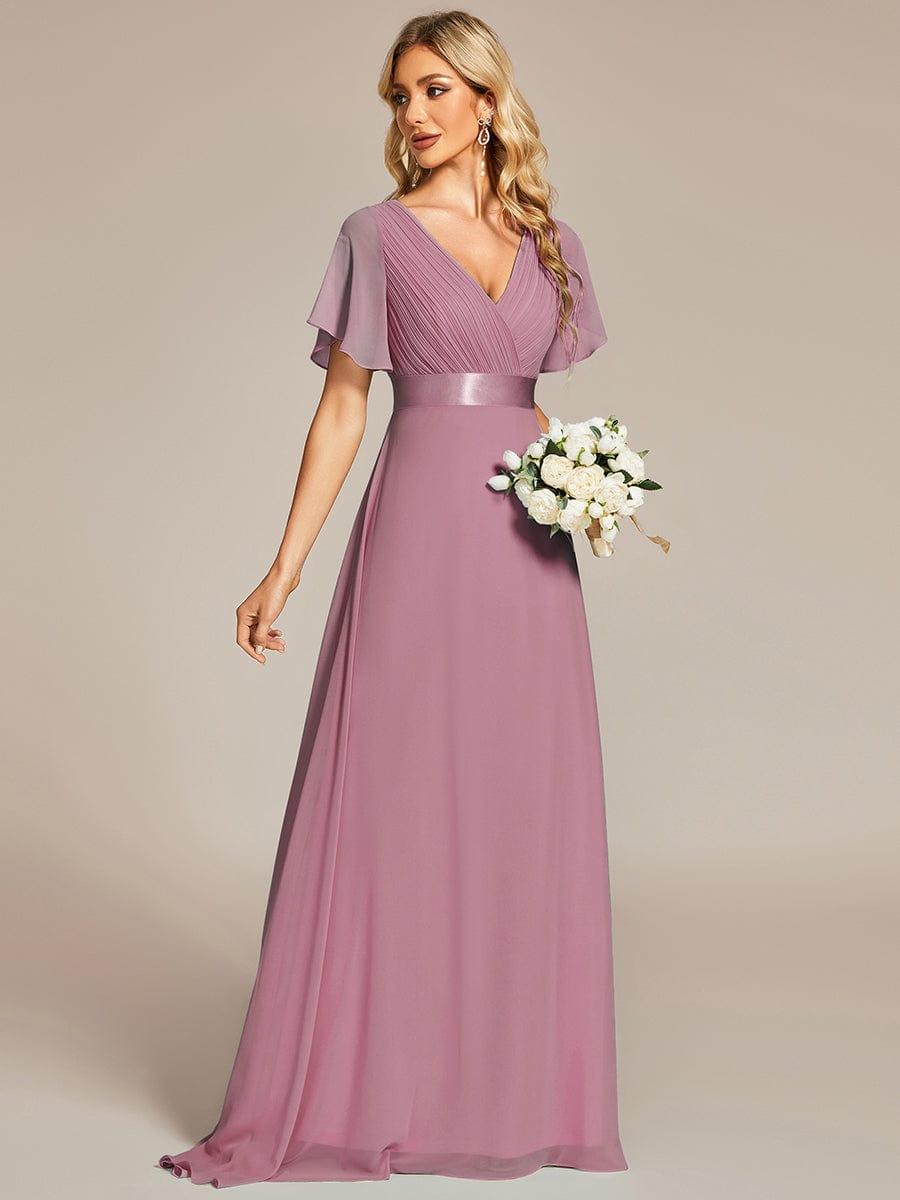 MONICA|Vestido largo de dama de honor con cintura imperial y mangas cortas con vuelo