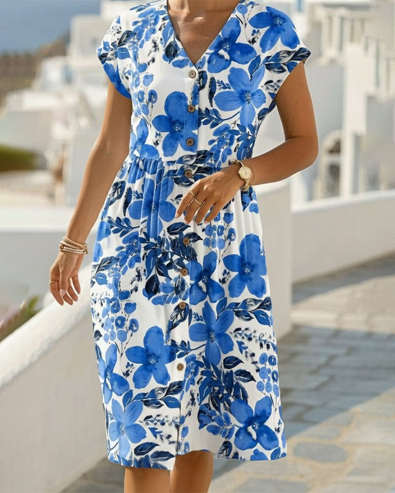 Vestido de estampado floral con escote en V y manga corta