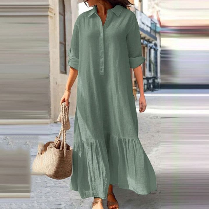 Vestido Camisero Largo de Lino con Botones
