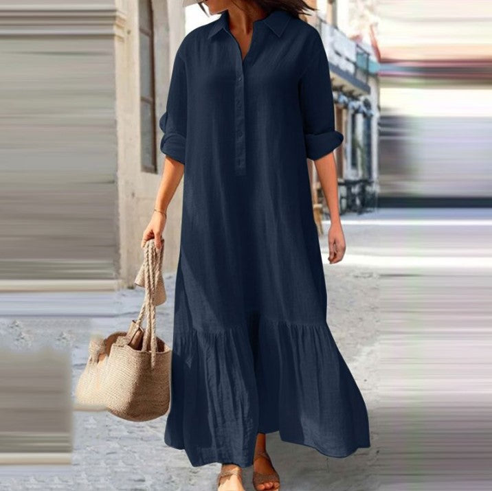 Vestido Camisero Largo de Lino con Botones