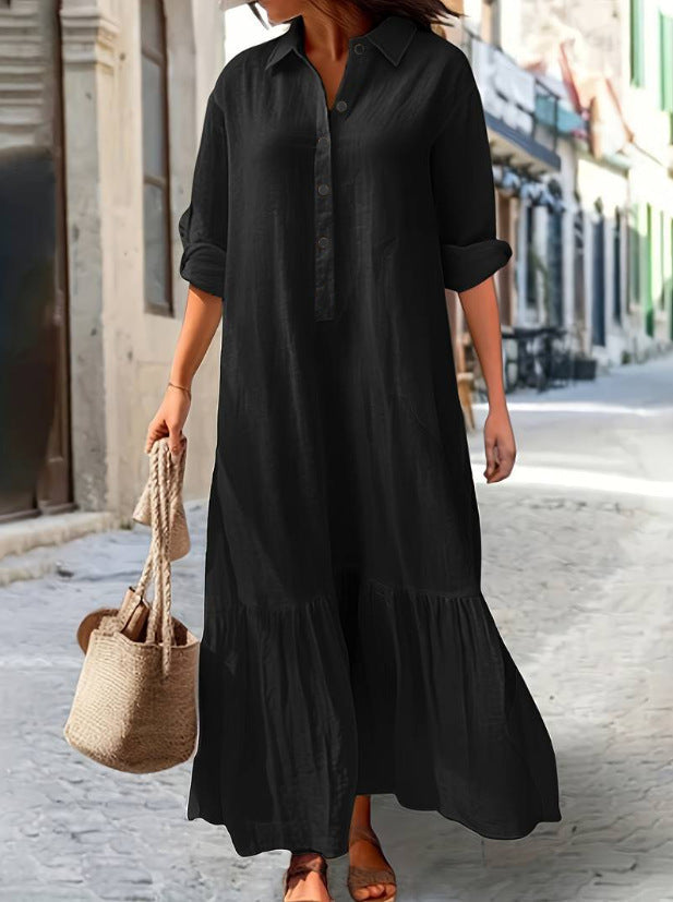Vestido Camisero Largo de Lino con Botones