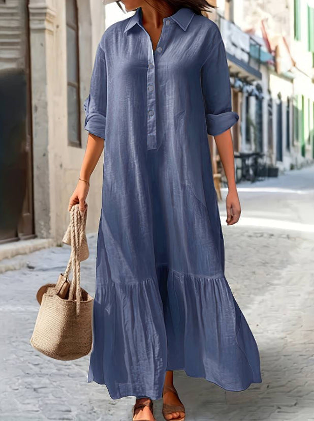 Vestido Camisero Largo de Lino con Botones