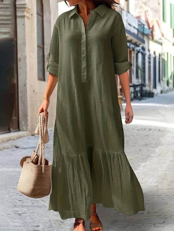 Vestido Camisero Largo de Lino con Botones