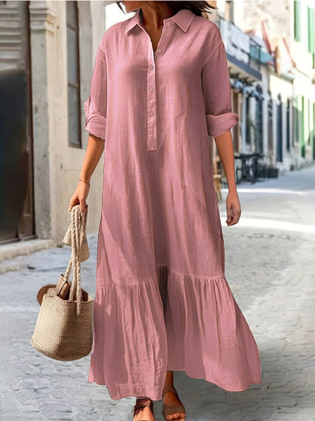 Vestido Camisero Largo de Lino con Botones