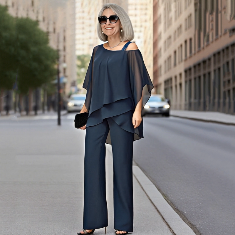 Conjunto de dos piezas para mujer a la moda: Top de chiffon asimétrico y pantalón ancho 👚👖