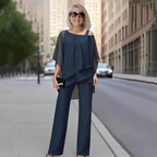 Conjunto de dos piezas para mujer a la moda: Top de chiffon asimétrico y pantalón ancho 👚👖