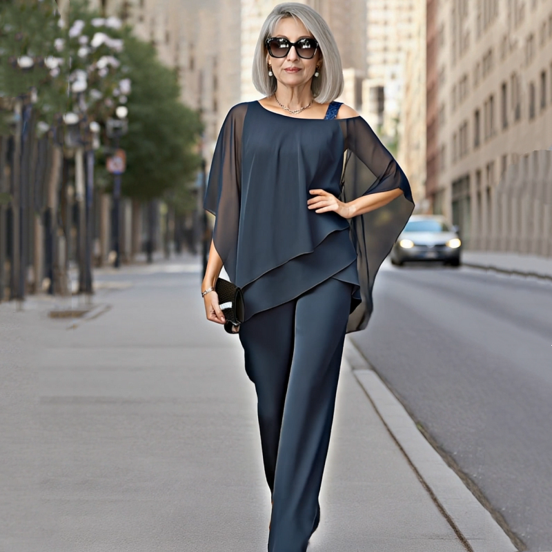Conjunto de dos piezas para mujer a la moda: Top de chiffon asimétrico y pantalón ancho 👚👖