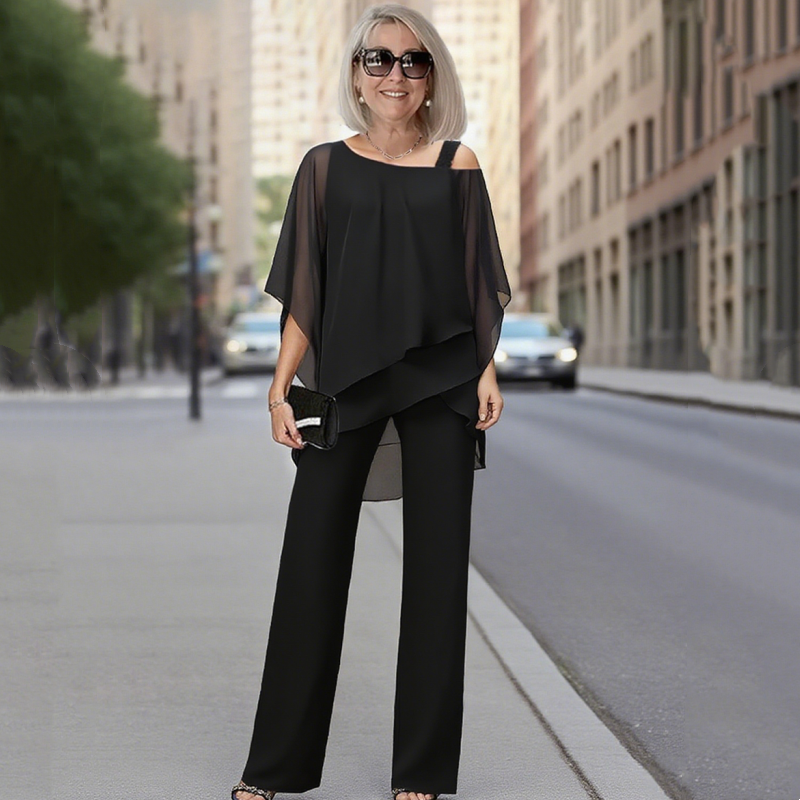 Conjunto de dos piezas para mujer a la moda: Top de chiffon asimétrico y pantalón ancho 👚👖