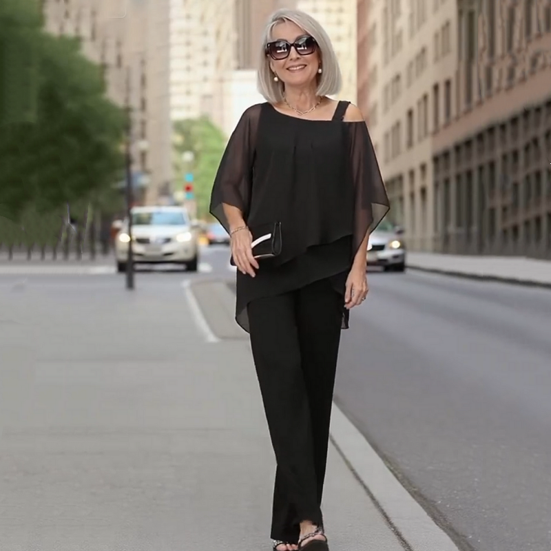 Conjunto de dos piezas para mujer a la moda: Top de chiffon asimétrico y pantalón ancho 👚👖