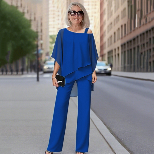 Conjunto de dos piezas para mujer a la moda: Top de chiffon asimétrico y pantalón ancho 👚👖