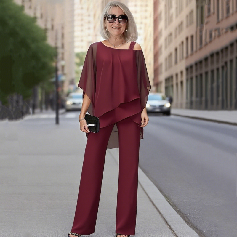Conjunto de dos piezas para mujer a la moda: Top de chiffon asimétrico y pantalón ancho 👚👖