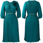 Vestido midi plisado de manga 3/4 con cinturón para mujer