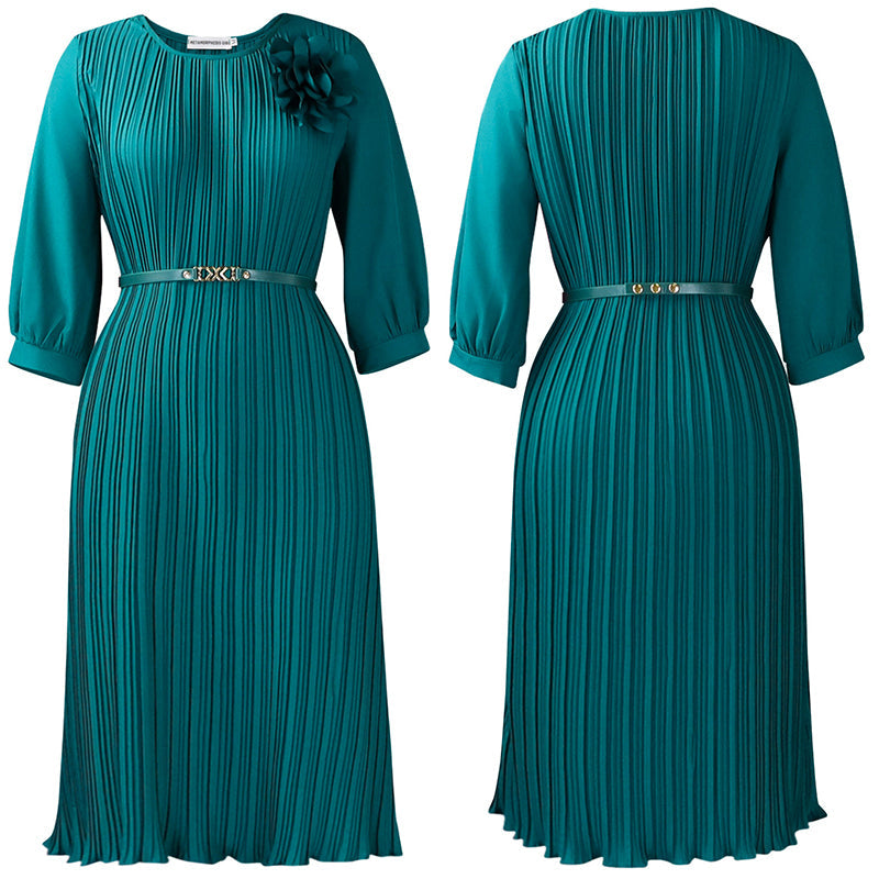 Vestido midi plisado de manga 3/4 con cinturón para mujer