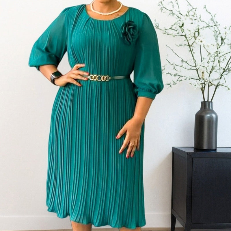 Vestido midi plisado de manga 3/4 con cinturón para mujer