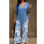 Conjunto femenino elegante: blusa con escote en V y pantalón estampado de pierna ancha