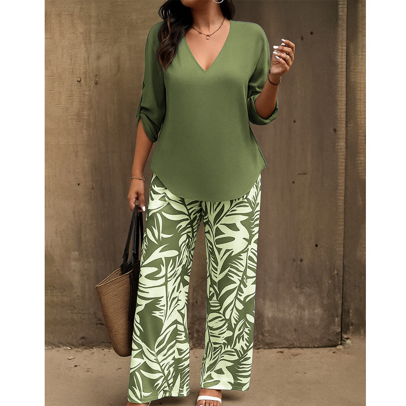 Conjunto femenino elegante: blusa con escote en V y pantalón estampado de pierna ancha