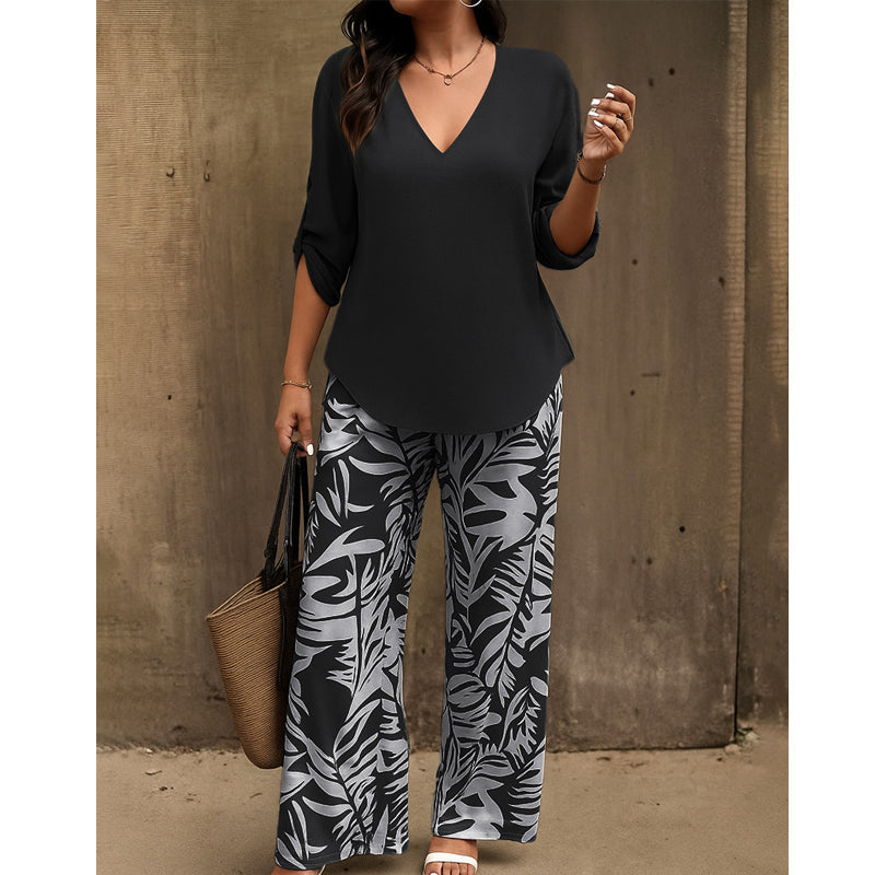 Conjunto femenino elegante: blusa con escote en V y pantalón estampado de pierna ancha