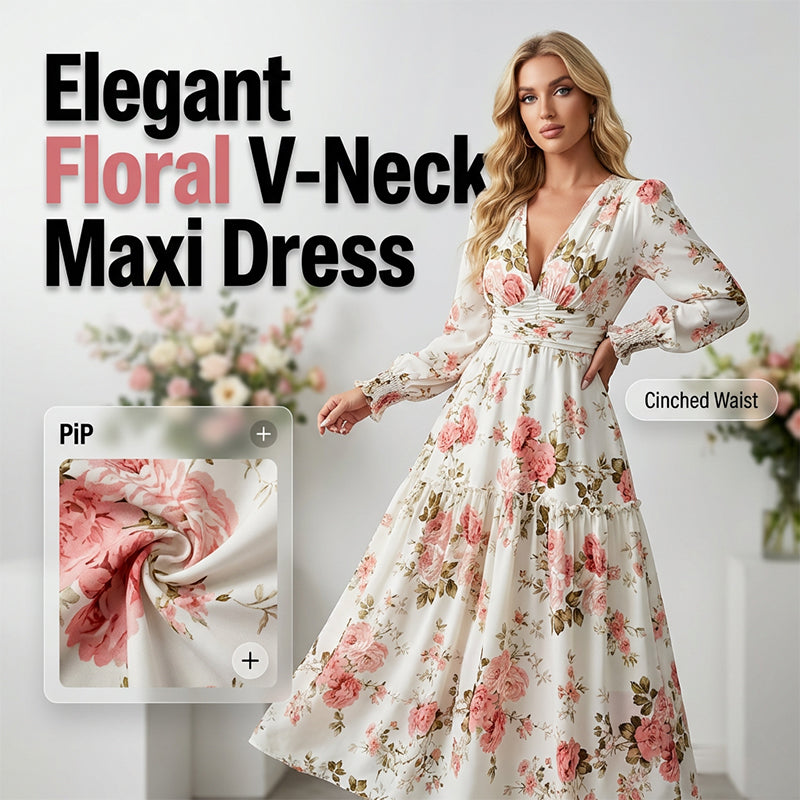 🌹 Vestido largo con escote en V y estampado de rosas vintage 🌹