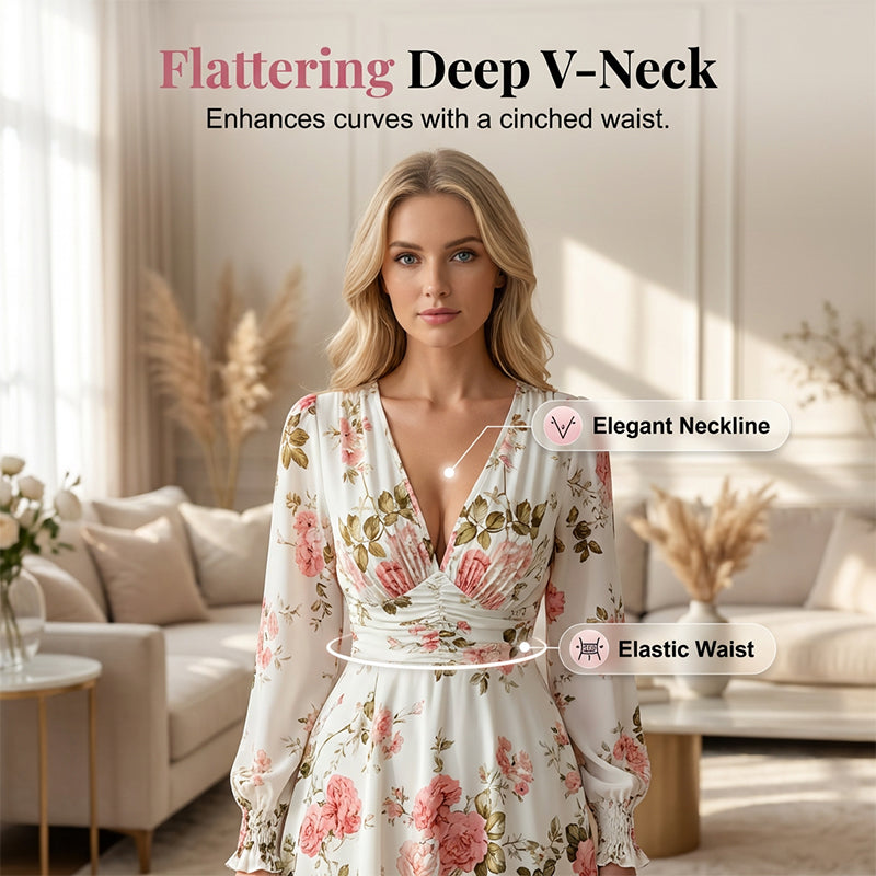 🌹 Vestido largo con escote en V y estampado de rosas vintage 🌹