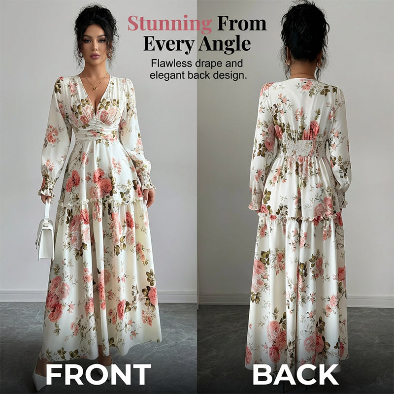 🌹 Vestido largo con escote en V y estampado de rosas vintage 🌹