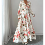 🌹 Vestido largo con escote en V y estampado de rosas vintage 🌹