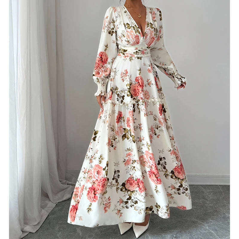 🌹 Vestido largo con escote en V y estampado de rosas vintage 🌹